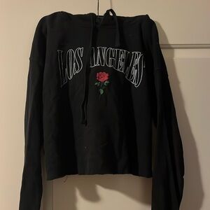 LOS ANGELES Black Cropped Hoodie w/ Rose, Size M